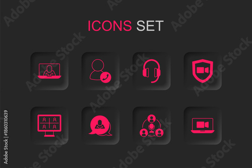 Set Speech bubble chat, Video conference, Meeting, Headphones and icon. Vector