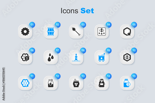 Set Jar of honey, Drops, Wooden barrel with, Honeycomb, Sale in jar, Bee and honeycomb, Flower and Burning candle icon. Vector
