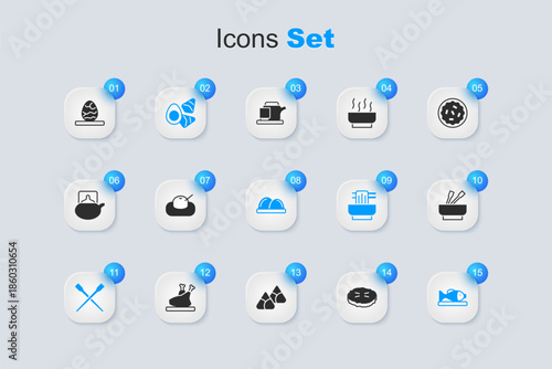 Set Homemade pie, Mochi, Chicken egg with vegerables, Food chopsticks, Served fish on plate, Asian noodles in bowl, Chinese tea and Sushi icon. Vector