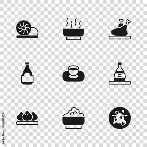 Set Rice in a bowl, Bottle of sake, Kung Pao chicken, Soy sauce, Roasted turkey or, Xiao long bao, Ramen soup and bottle icon. Vector