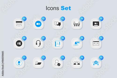 Set Meeting, Headphones, Video chat conference, Mute microphone, Web camera, and Phone book icon. Vector