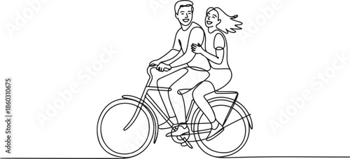 Continuous one line drawing happy funny young couple riding on bicycle. Romantic teenage couple ride bike. Young man and woman in love. one line Icon drawing