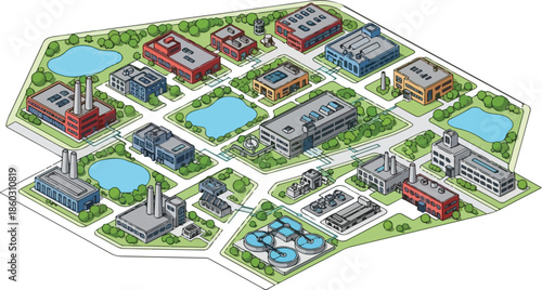 Isometric illustration of a modern industrial park with factories office buildings and water treatment facilities surrounded by green spaces and ponds.