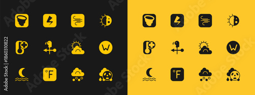 Set Day night cycle, Fahrenheit, Sun and cloud weather, Hail, Rooster vane, Wind, Tornado and Lightning bolt icon. Vector
