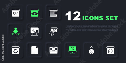 Set Financial growth dollar, Advertising, Consumer product rating, File document, Personal information collection and Stacks paper money cash icon. Vector