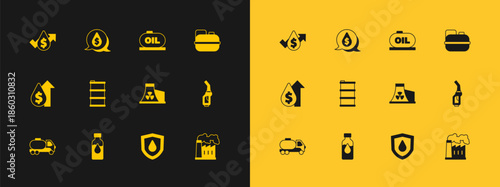 Set Canister for gasoline, Oil petrol test tube, Nuclear power plant, drop on shield, Barrel oil, tank storage, price increase and with dollar symbol icon. Vector