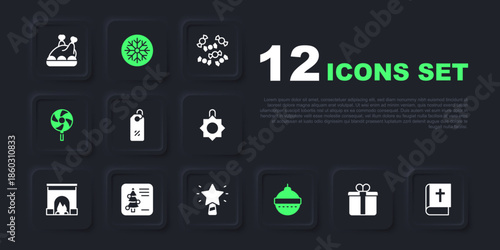 Set Gift box, Holy bible book, Discount percent tag, Christmas ball, Lollipop, postcard, Snowflake and star icon. Vector