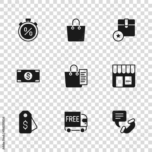 Set Free delivery service, Market store, Telephone 24 hours support, Shopping list, Carton cardboard box, Stopwatch percent discount, Paper shopping bag and Stacks paper money cash icon. Vector
