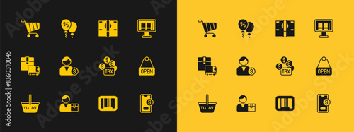 Set Online shopping on screen, Buyer, Tax payment, Barcode, Stacks paper money cash, Shopping cart and Discount percent tag icon. Vector
