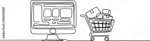 Single one line drawing monitor screen and shopping cart with products purchased online. E-commerce and digital marketing. Order to cart. one line Icon drawing