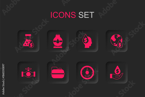 Set Canister for gasoline, Oil tank storage, petrol test tube, Motor gauge, drop with dollar symbol, and pipe valve icon. Vector