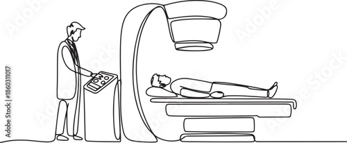 One continuous line drawing of young male doctor do MRI procedure to CT scanning male cancer patient. Medical treatment service concept. one line Icon drawing