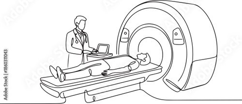 One continuous line drawing of young male doctor do MRI procedure to CT scanning male cancer patient. Medical treatment service concept. one line Icon drawing