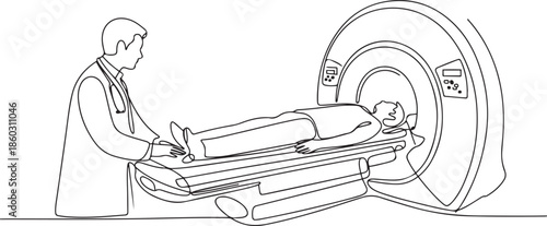 One continuous line drawing of young male doctor do MRI procedure to CT scanning male cancer patient. Medical treatment service concept. one line Icon drawing