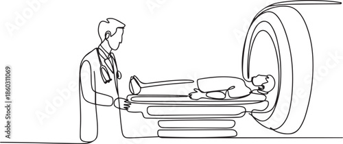 One continuous line drawing of young male doctor do MRI procedure to CT scanning male cancer patient. Medical treatment service concept. one line Icon drawing