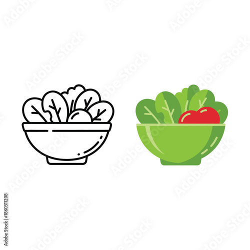 A comparative illustration of a salad bowl showcasing both outline and colorized versions of the dish