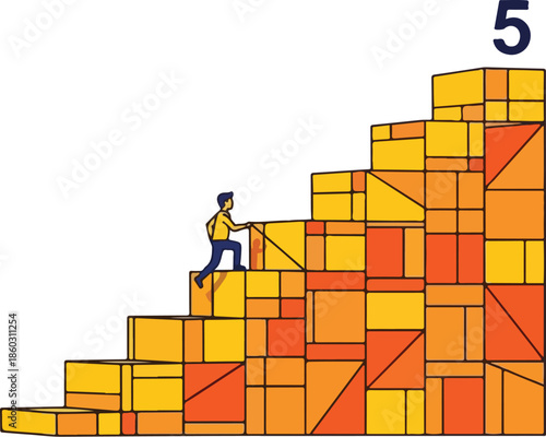 Man climbing stairs made of boxes symbolizing career growth and progress.