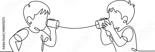Single continuous line drawing little boys talk using string phone. Children communicating through paper cups phone. Kids playing with can telephone. one line Icon drawing