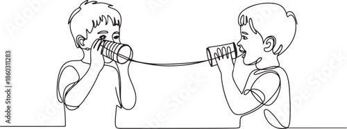Single continuous line drawing little boys talk using string phone. Children communicating through paper cups phone. Kids playing with can telephone. one line Icon drawing