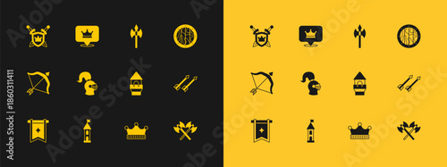 Set Round wooden shield, Castle tower, King crown, Medieval helmet, axe, Shield with swords and icon. Vector
