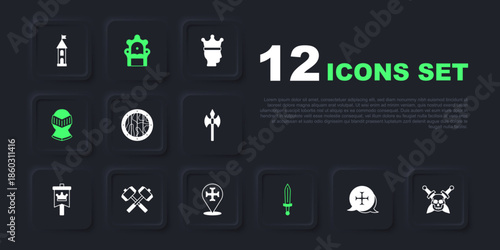 Set Crusade, Skull with sword, Round wooden shield, Medieval, helmet, Crossed battle hammers, throne and icon. Vector