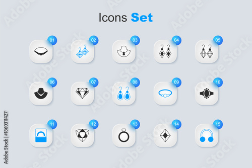 Set Gem stone, Diamond, Earrings, engagement box, Piercing, Pearl necklace and icon. Vector