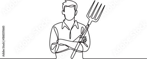 Single continuous line drawing of young male farmer cross arm on chest while holding farm fork. Professional work job occupation. Minimalism concept. one line Icon drawing