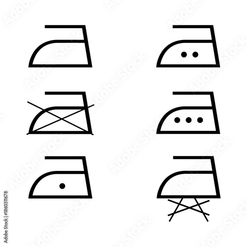 A set symbols for ironing fabrics. The symbols indicate the temperature and setting at which the garment can be ironed, and whether steam can be used. Information on the garment label. Warning sign.