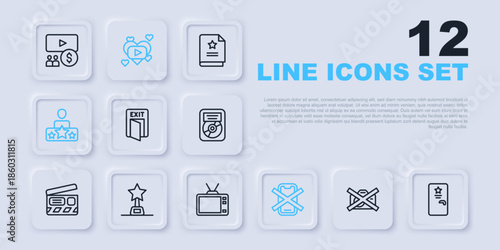 Set line Prohibition no video recording, Backstage, Fire exit, No cell phone, Actor star, Movie trophy, Romantic movie and Retro tv icon. Vector