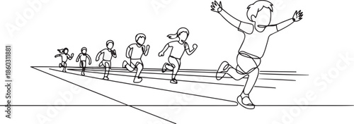 Single continuous line drawing children in athletics competitions. The boys run in stadium and finish. The child came running first and won. one line Icon drawing