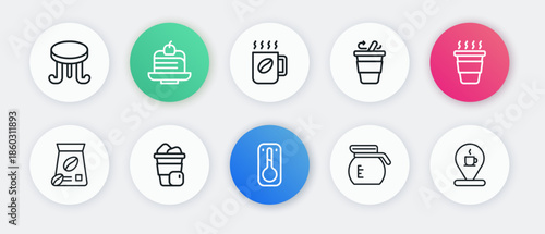 Set line Coffee thermometer, cup to go, Bag coffee beans, pot, Location with and Iced icon. Vector