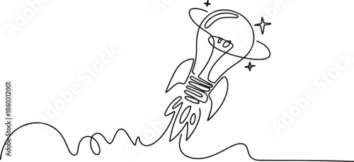 Single continuous line drawing of smart bright light bulb take off flying to the space logo label. Rocket bulb company icon label concept. one line Icon drawing
