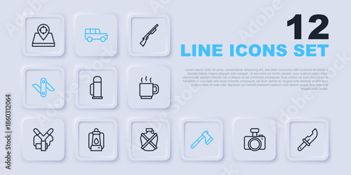 Set line Photo camera, Hunter knife, Thermos container, Wooden axe, Swiss army, Camping lantern, Safari car and Canteen water bottle icon. Vector