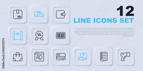 Set line Shopping list, Scanner scanning bar code, Discount percent tag, Delivery hand with box, Paper shopping bag, Advertising, cargo truck and Credit card icon. Vector