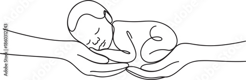 Single one line drawing beautiful new born baby resting on mom's hand. Tiny newborn baby's and female hands. Happy mom and her child. one line Icon drawing