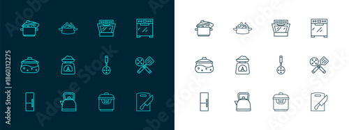 Set line Oven, Kettle with handle, Spatula, Slow cooker, Scales, Cooking pot and icon. Vector