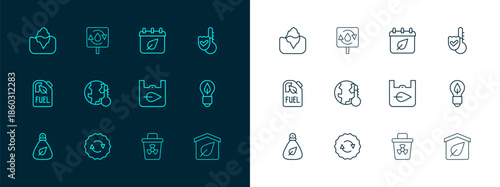 Set line Thermometer, Recycle symbol, Shopping bag with recycle, Infectious waste, Earth melting to global warming, Calendar autumn leaves, Iceberg and clean aqua icon. Vector