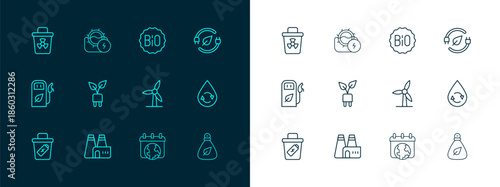 Set line Electric saving plug in leaf, Factory production, Wind turbine, World Earth day, Banner for bio, Infectious waste and Water mill icon. Vector