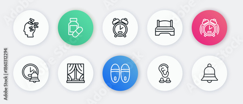 Set line Slippers, Alarm clock, Earplugs and ear, Big bed, Ringing bell and Window with curtains icon. Vector