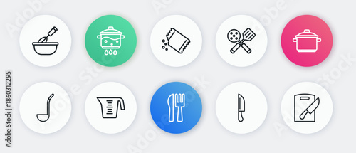Set line Crossed knife and fork, Cooking pot, Kitchen ladle, Knife, Spatula, Packet of pepper, Cutting board and Measuring cup icon. Vector
