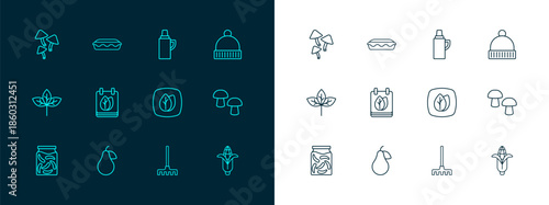 Set line Winter hat, Pear, Leaf, Garden rake, Calendar with autumn leaves, Thermos container, Mushroom and Homemade pie icon. Vector
