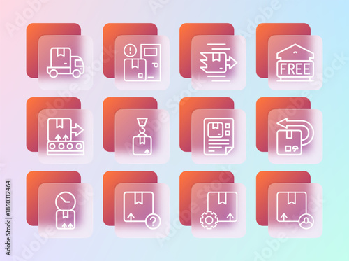 Set line Free storage, Carton cardboard box, Waybill, Gear with package, Crane, Delivery cargo truck and Home delivery services icon. Vector