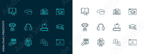 Set line Online education, quiz, test, survey, Book with apple, Question and Answer, Headphones, book and Cloud or online library icon. Vector