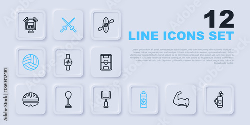 Set line Bodybuilder showing his muscles, Golf bag with clubs, Smart watch heart, Fitness shaker, Volleyball ball, Punching, Fencing and American football goal post icon. Vector