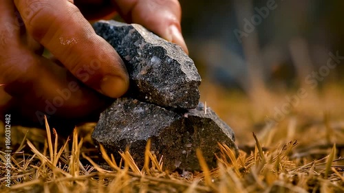 Human Hand Striking Sharp Stone Against Rock on Dry Grass to Create Sparks Demonstrating Primitive Fire Making Technique in Natural Outdoor Setting