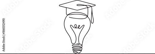 One single line drawing of bright lightbulb wearing graduation cap logo identity. Smart study academy logotype icon template concept. one line Icon drawing