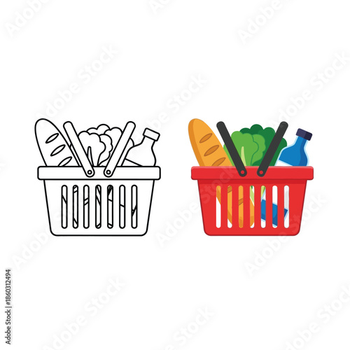 A comparison of a line art and a colorful shopping basket filled with groceries is shown