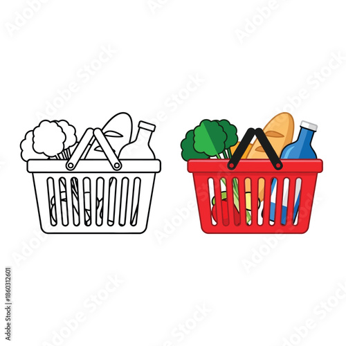 A colorful illustration displays two shopping baskets one outlined and one filled with produce
