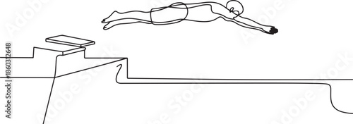 One single line drawing of young sporty fit swimmer jump to practice swimming in indoor pool sport center vector illustration. Healthy lifestyle and sport concept. one line Icon drawing