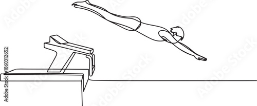 One single line drawing of young sporty fit swimmer jump to practice swimming in indoor pool sport center vector illustration. Healthy lifestyle and sport concept. one line Icon drawing